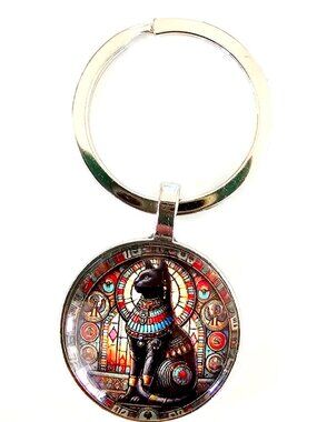 Egyptian Cat Bastet Keychain Ankh Gothic Mystic Black Cat Jewelry Gift Detach